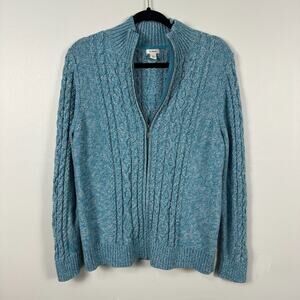 L.L Bean Womens XL Petite Full Zip Cable Knit Sweater Blue Cotton LL Bean XLP